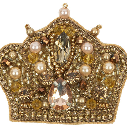 Gold and Pinkish Beige Crown Rhinestone and Glass Beaded Applique - 2" x 2.25" Detail