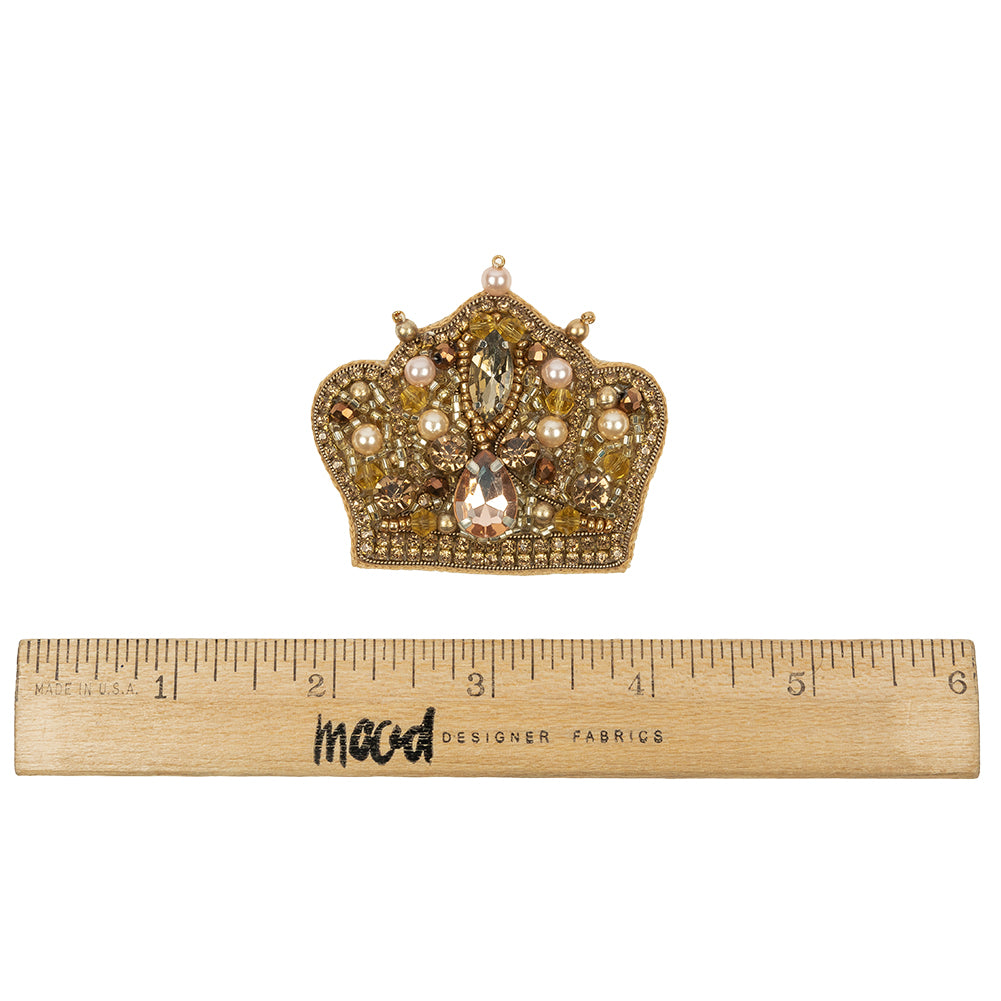 Gold and Pinkish Beige Crown Rhinestone and Glass Beaded Applique - 2" x 2.25" Full