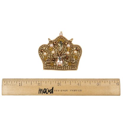 Gold and Pinkish Beige Crown Rhinestone and Glass Beaded Applique - 2" x 2.25" Full