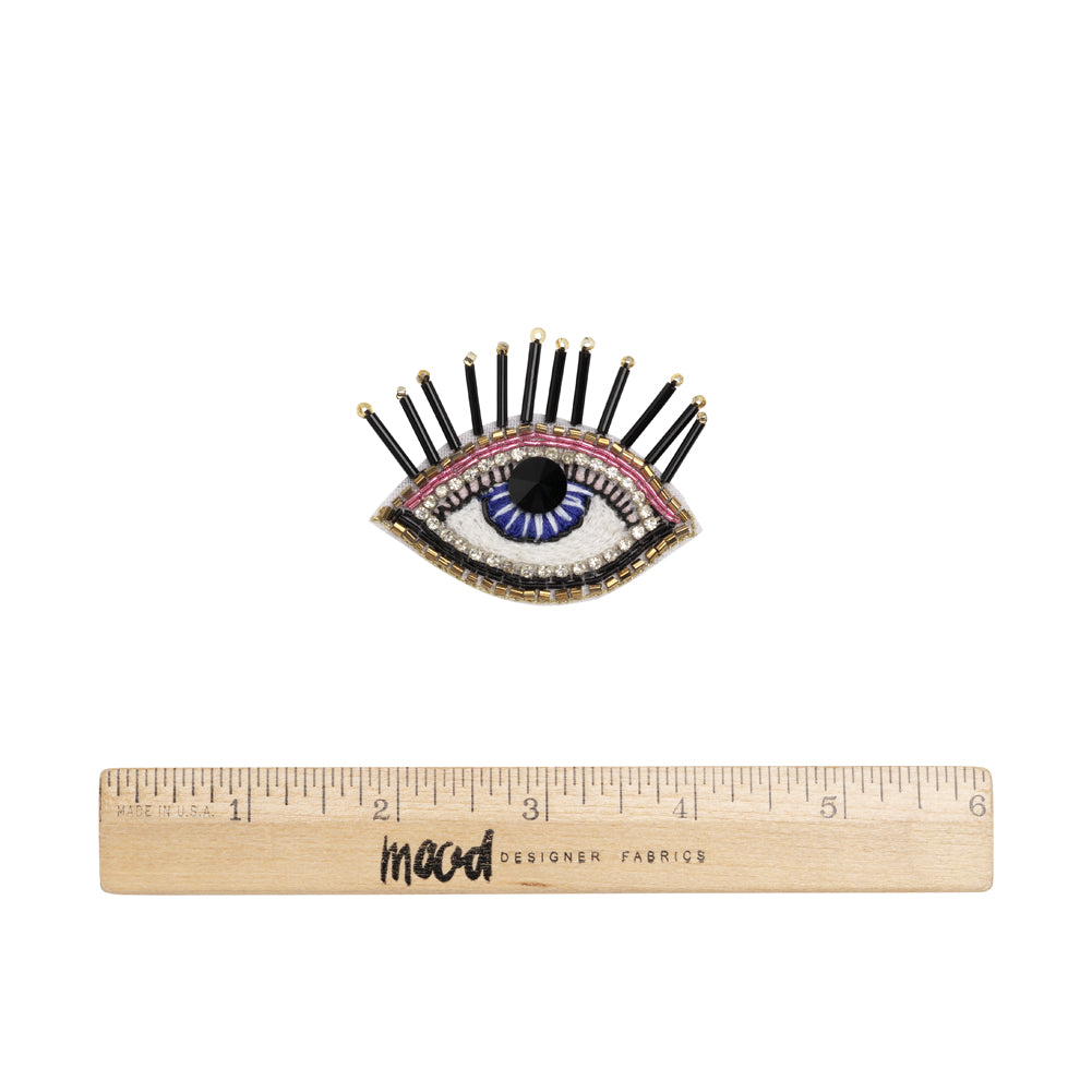Gold, Pink and Blue Decorated Eye Embroidered Rhinestone and Glass Beaded Applique - 2" x 2.375" Full