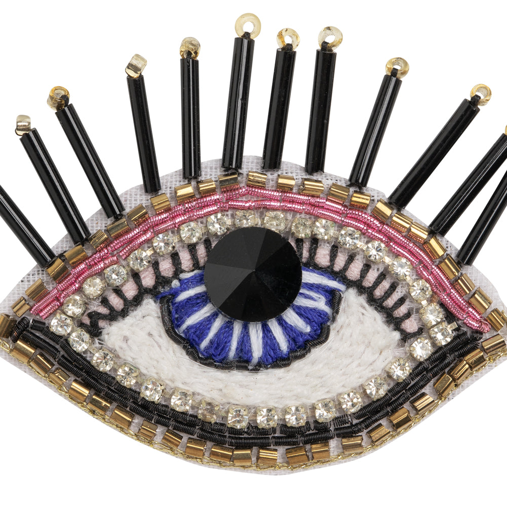 Gold, Pink and Blue Decorated Eye Embroidered Rhinestone and Glass Beaded Applique - 2" x 2.375" Detail