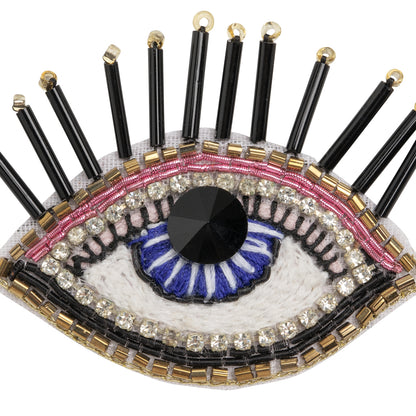 Gold, Pink and Blue Decorated Eye Embroidered Rhinestone and Glass Beaded Applique - 2" x 2.375" Detail