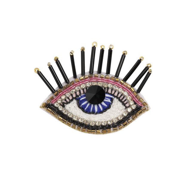 Gold, Pink and Blue Decorated Eye Embroidered Rhinestone and Glass Beaded Applique - 2" x 2.375"