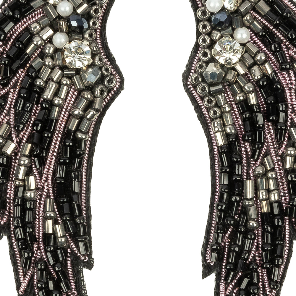 Gunmetal, Black and Pink Wings Rhinestone and Glass Beaded Applique - 3.125" x 1.125" Detail
