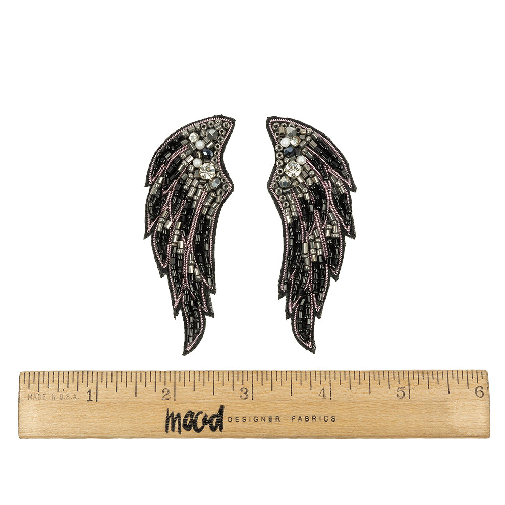 Gunmetal, Black and Pink Wings Rhinestone and Glass Beaded Applique - 3.125" x 1.125" Full