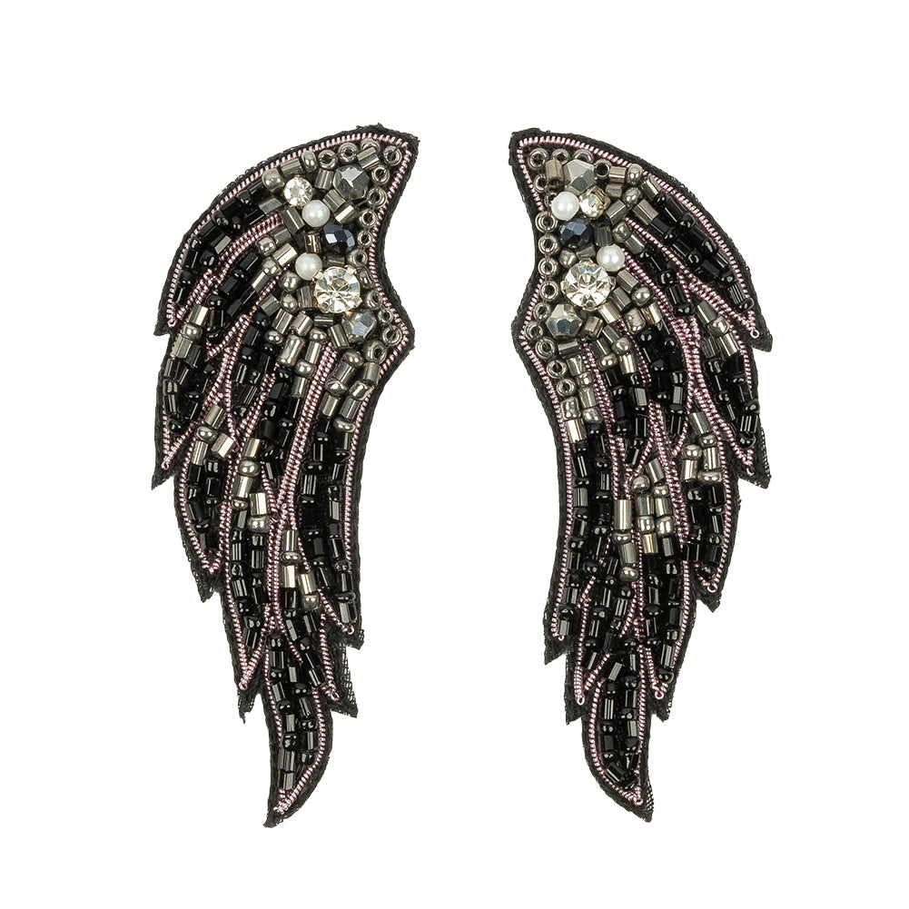 Gunmetal, Black and Pink Wings Rhinestone and Glass Beaded Applique - 3.125" x 1.125"