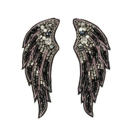 Gunmetal, Black and Pink Wings Rhinestone and Glass Beaded Applique - 3.125" x 1.125"