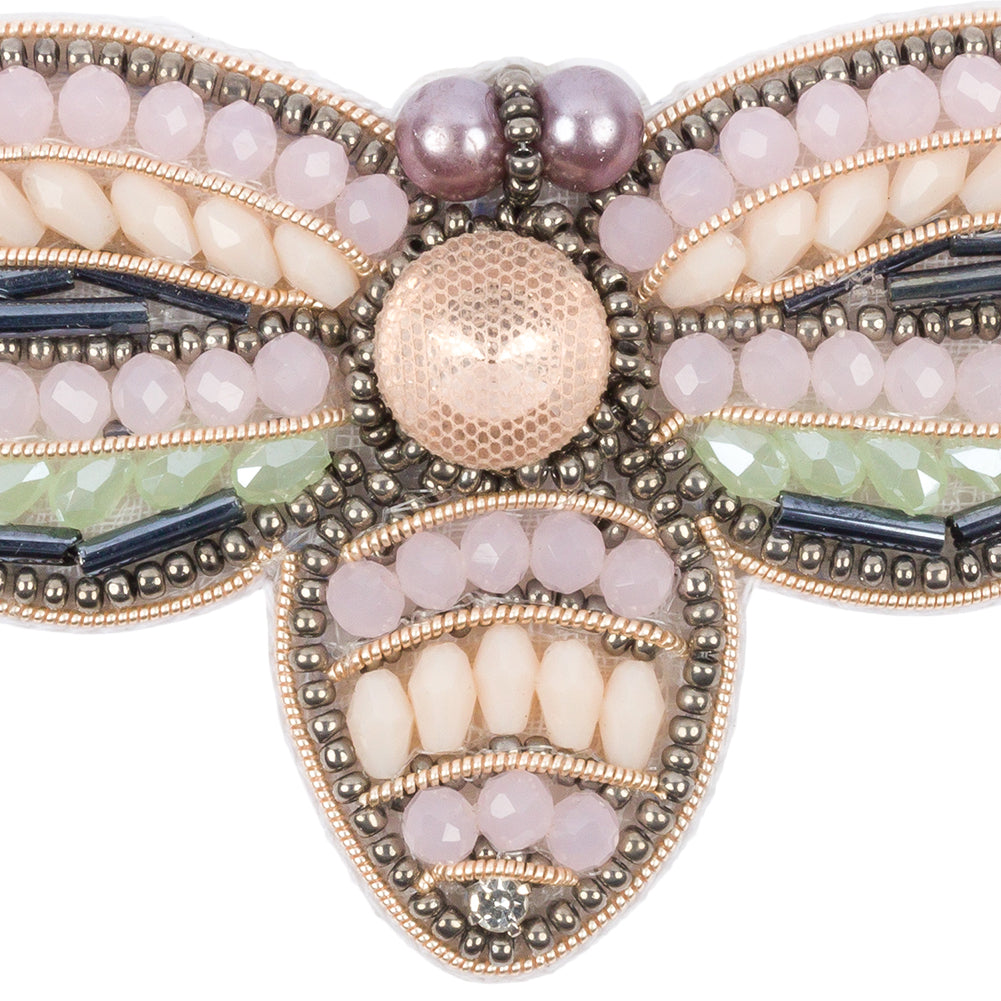 Pink, Green and Gunmetal Fly Rhinestone and Glass Beaded Applique - 1.875" x 3" Detail