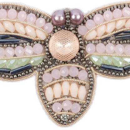 Pink, Green and Gunmetal Fly Rhinestone and Glass Beaded Applique - 1.875" x 3" Detail