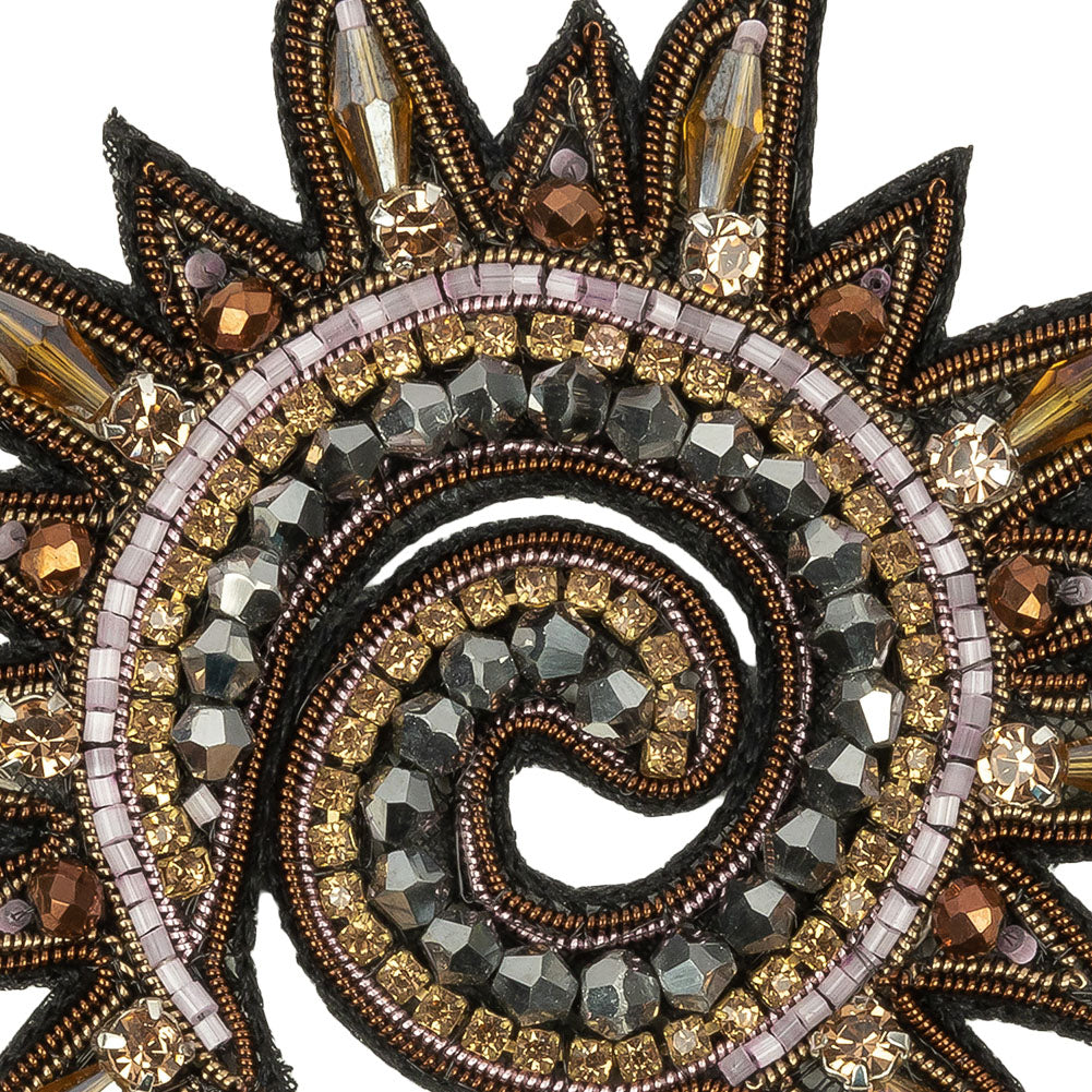 Lilac and Amber Sun Swirl Rhinestones and Glass Beaded Applique - 3.5" x 3.25" Detail