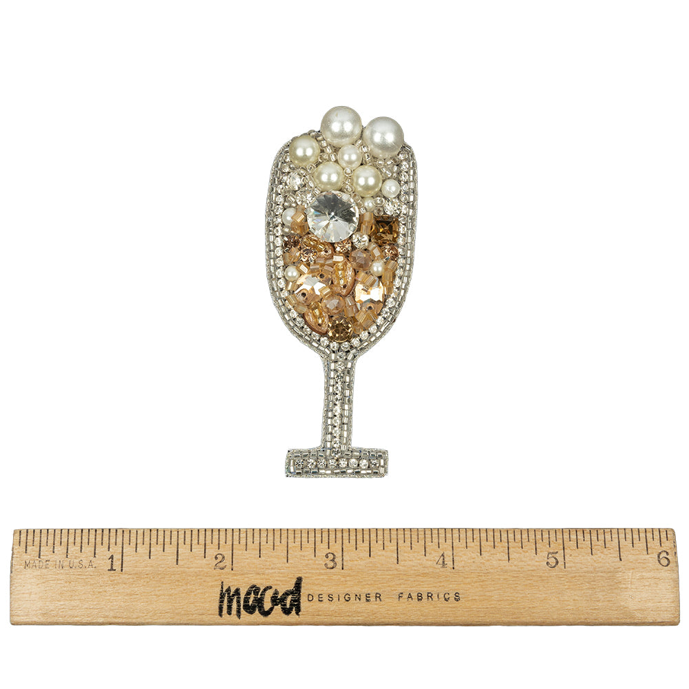 Pearl, Crystal and Topaz Champagne Flute Rhinestones and Glass Beaded Applique - 3.375" x 1.375" Full