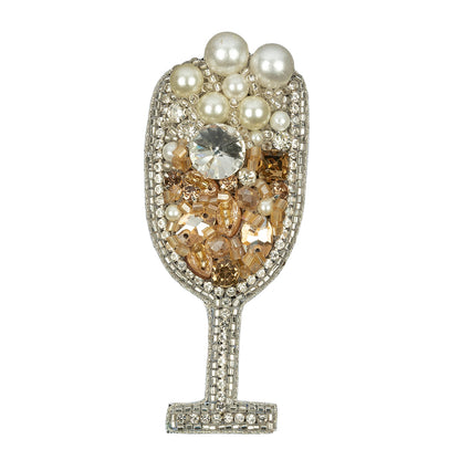 Pearl, Crystal and Topaz Champagne Flute Rhinestones and Glass Beaded Applique - 3.375" x 1.375"