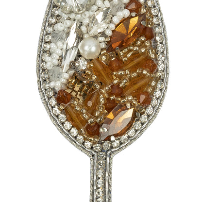 Pearl, Crystal and Topaz Wine Glass Rhinestones and Glass Beaded Applique - 3" x 1.375" Detail