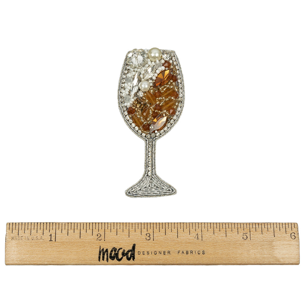 Pearl, Crystal and Topaz Wine Glass Rhinestones and Glass Beaded Applique - 3" x 1.375" Full