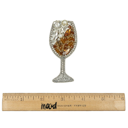 Pearl, Crystal and Topaz Wine Glass Rhinestones and Glass Beaded Applique - 3" x 1.375" Full