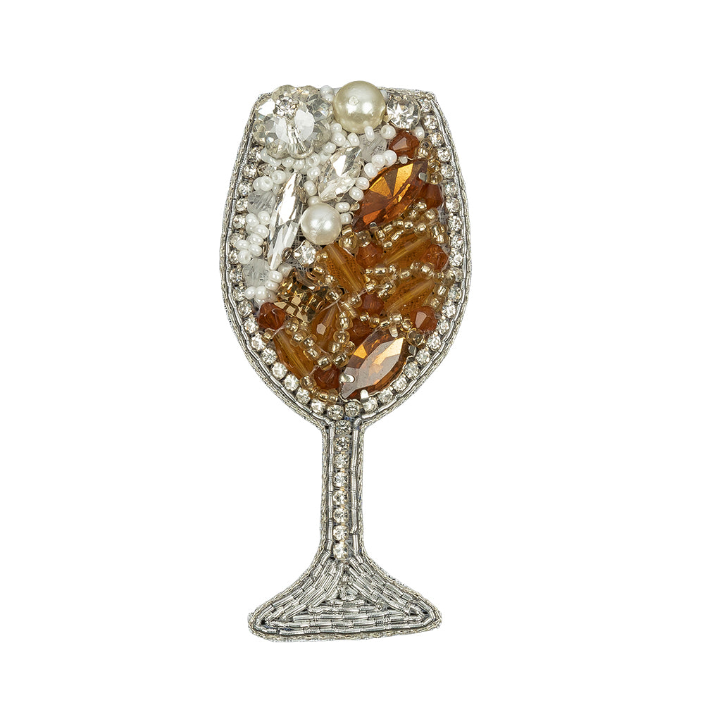 Pearl, Crystal and Topaz Wine Glass Rhinestones and Glass Beaded Applique - 3" x 1.375"