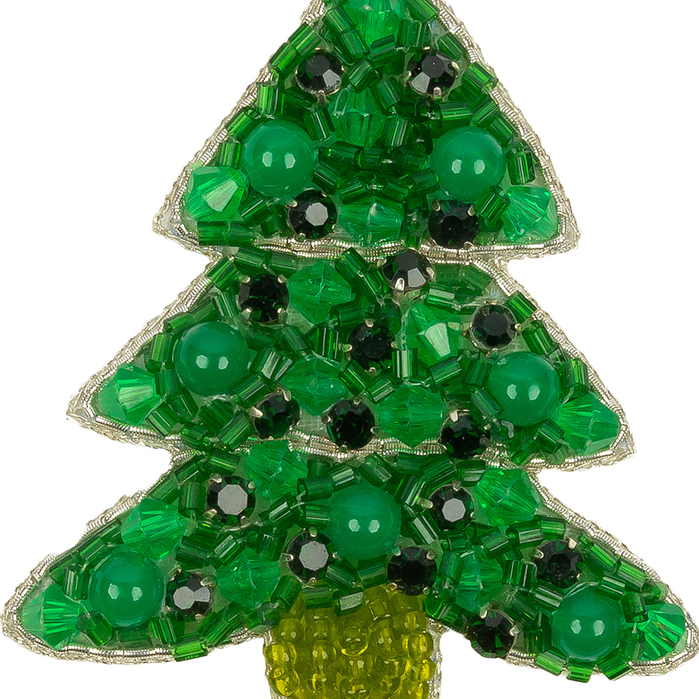 Green and Silver Christmas Tree Rhinestones and Glass Beaded Applique - 2.5" x 2.125" Detail