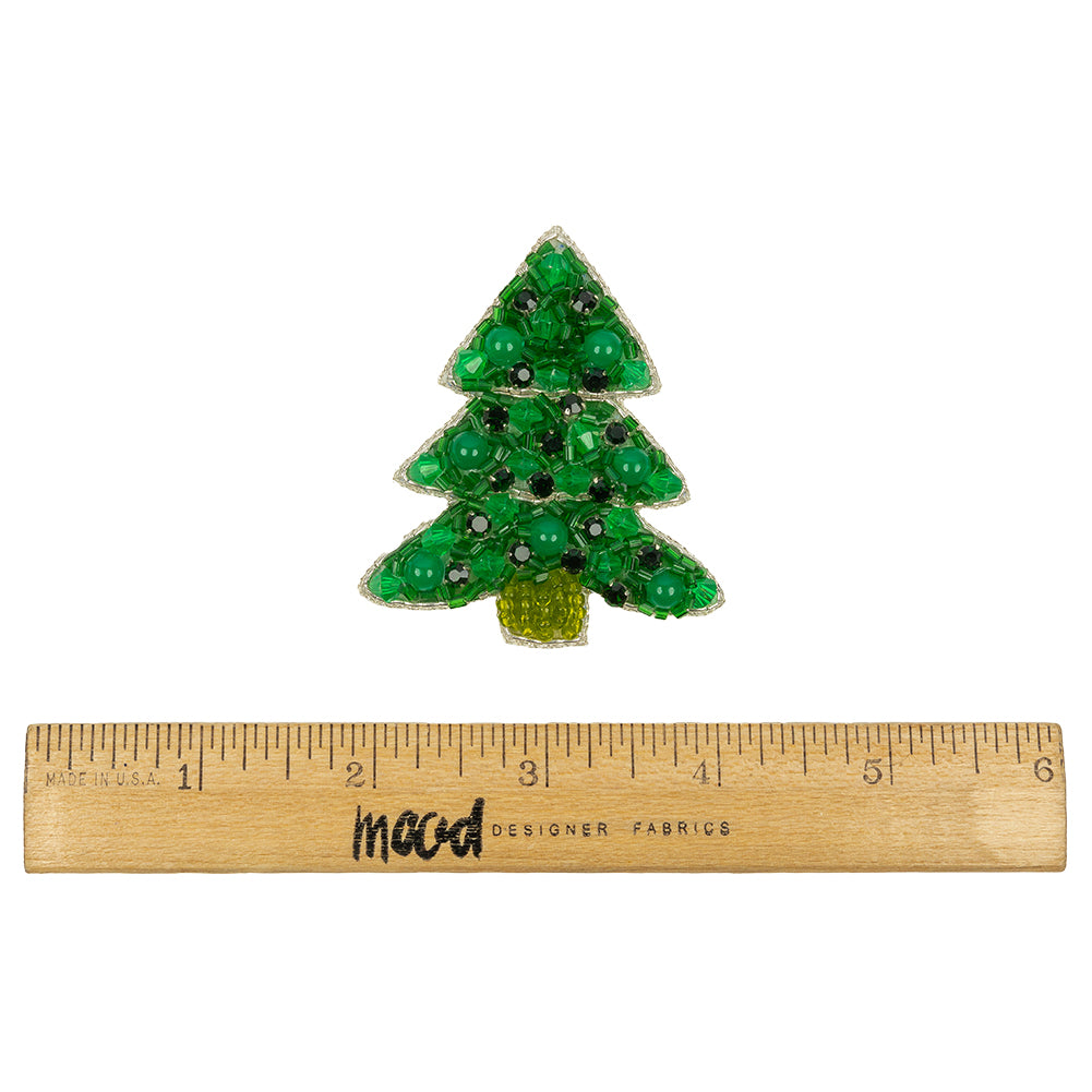Green and Silver Christmas Tree Rhinestones and Glass Beaded Applique - 2.5" x 2.125" Full
