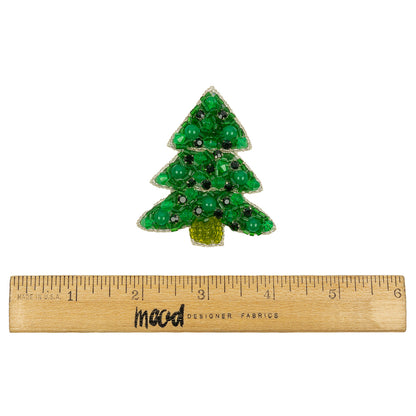 Green and Silver Christmas Tree Rhinestones and Glass Beaded Applique - 2.5" x 2.125" Full