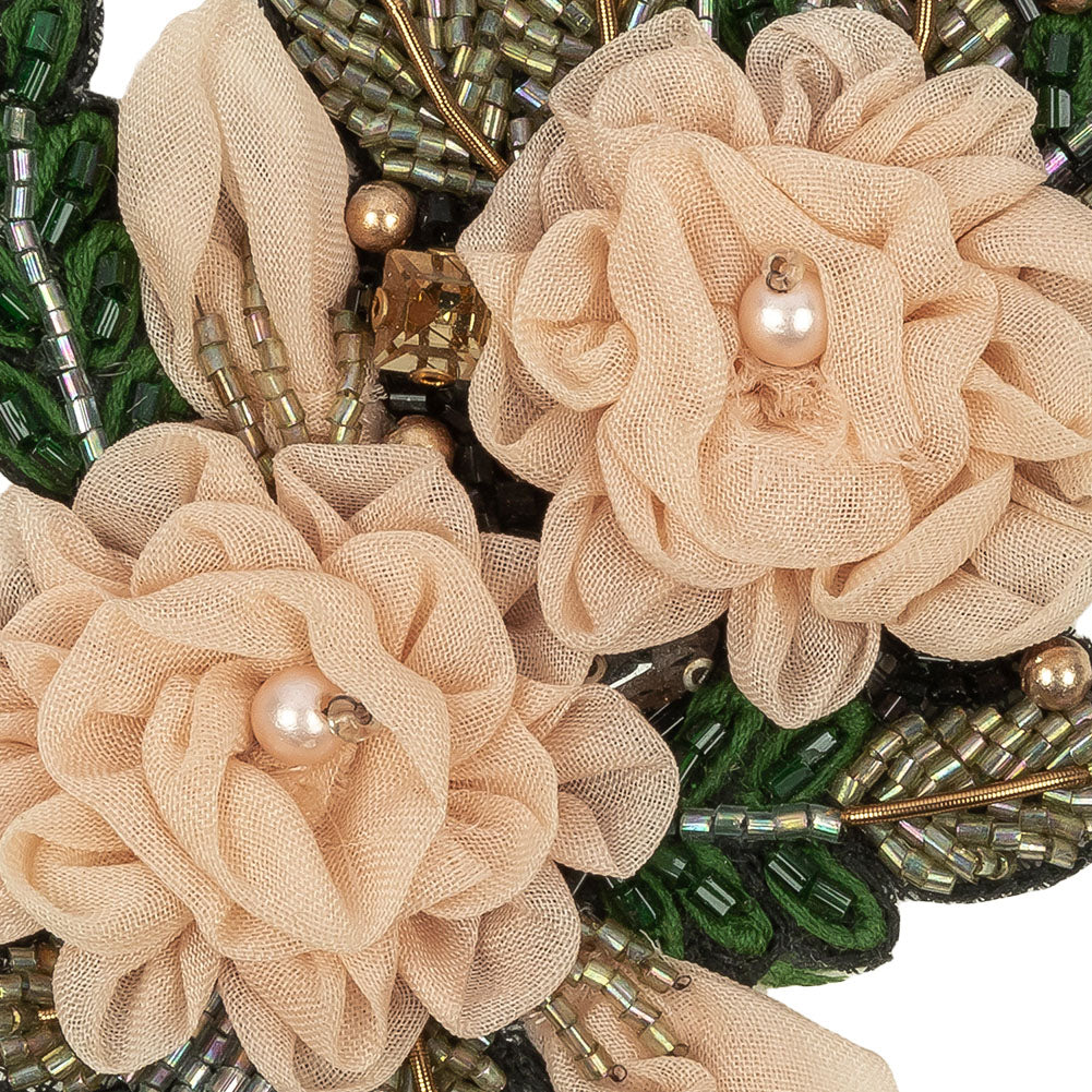 Peach, Pink and Green Fabric Flowers and Glass Beaded Bouquet Applique - 4.5" x 3" Detail