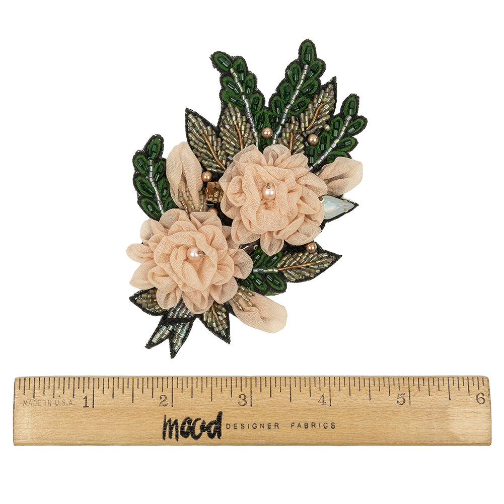 Peach, Pink and Green Fabric Flowers and Glass Beaded Bouquet Applique - 4.5" x 3" Full