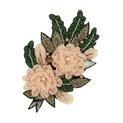Peach, Pink and Green Fabric Flowers and Glass Beaded Bouquet Applique - 4.5" x 3"
