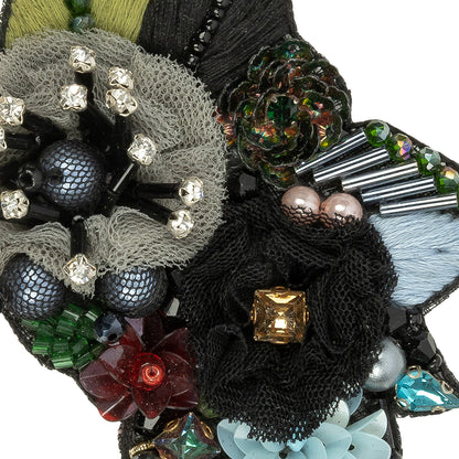 Blue, Gray and Green Fabric Flowers, Rhinestone and Glass Beaded Applique - 2.5" x 3.875" Detail