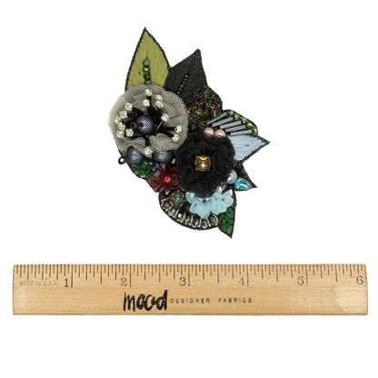 Blue, Gray and Green Fabric Flowers, Rhinestone and Glass Beaded Applique - 2.5" x 3.875" Full