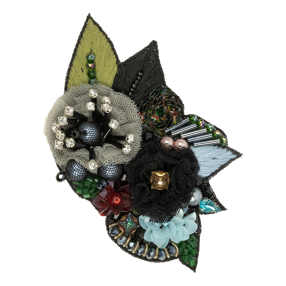 Blue, Gray and Green Fabric Flowers, Rhinestone and Glass Beaded Applique - 2.5" x 3.875"