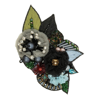Blue, Gray and Green Fabric Flowers, Rhinestone and Glass Beaded Applique - 2.5" x 3.875"