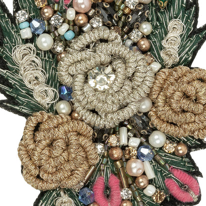 Black, Gold and Pink Rose Embroidered, Rhinestone and Glass Beaded Bouquet Applique - 3.875" x 2.5" Detail