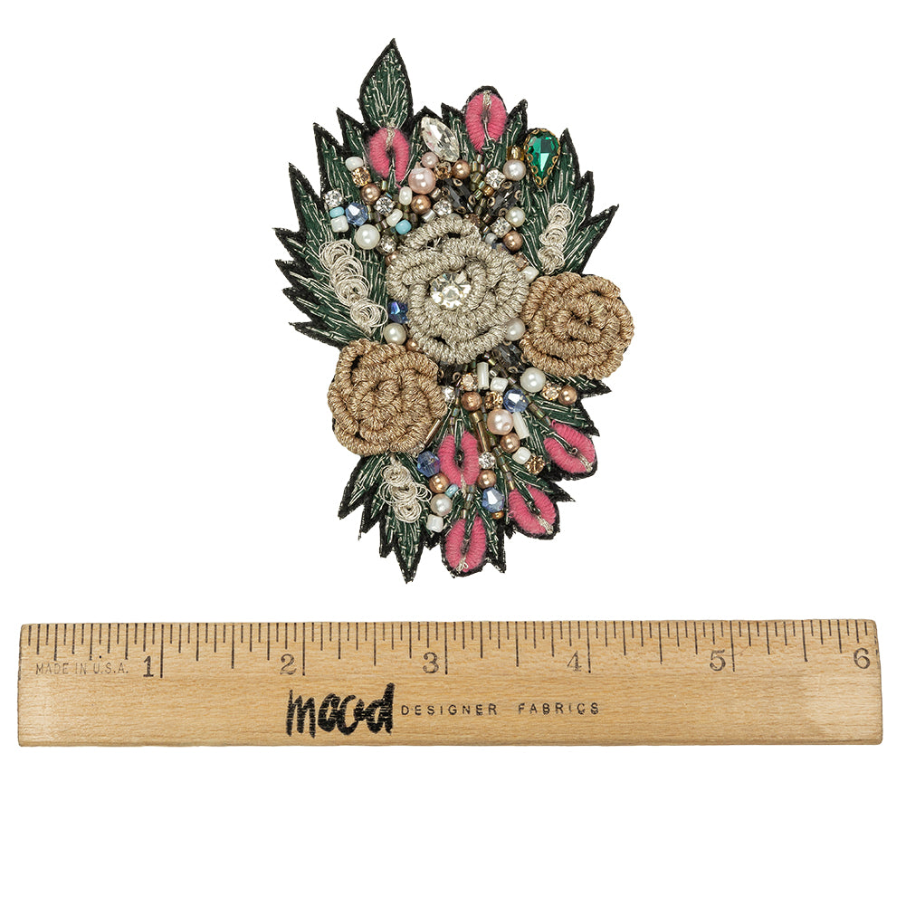 Black, Gold and Pink Rose Embroidered, Rhinestone and Glass Beaded Bouquet Applique - 3.875" x 2.5" Full