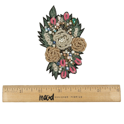 Black, Gold and Pink Rose Embroidered, Rhinestone and Glass Beaded Bouquet Applique - 3.875" x 2.5" Full