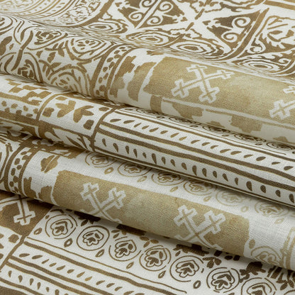 Antique Gold and White Ornamental Stamps Medium Weight Linen Woven