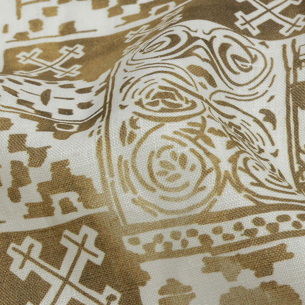 Antique Gold and White Ornamental Stamps Medium Weight Linen Woven - Detail
