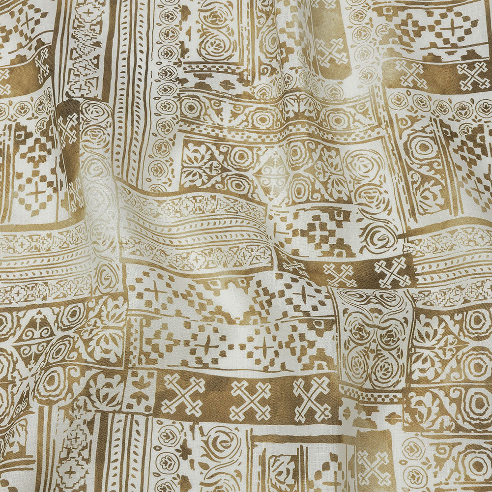 Antique Gold and White Ornamental Stamps Medium Weight Linen Woven