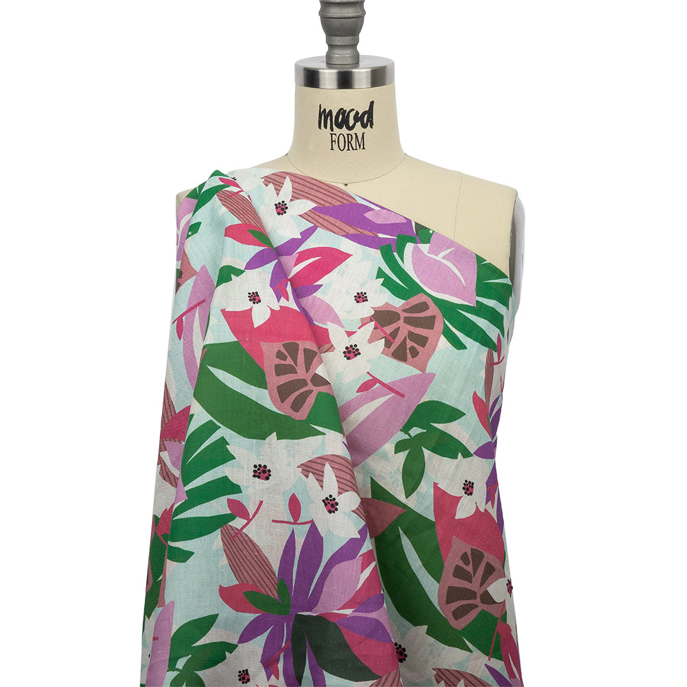 Pink, Green and Aqua Animated Tropics Medium Weight Linen Woven - Drape