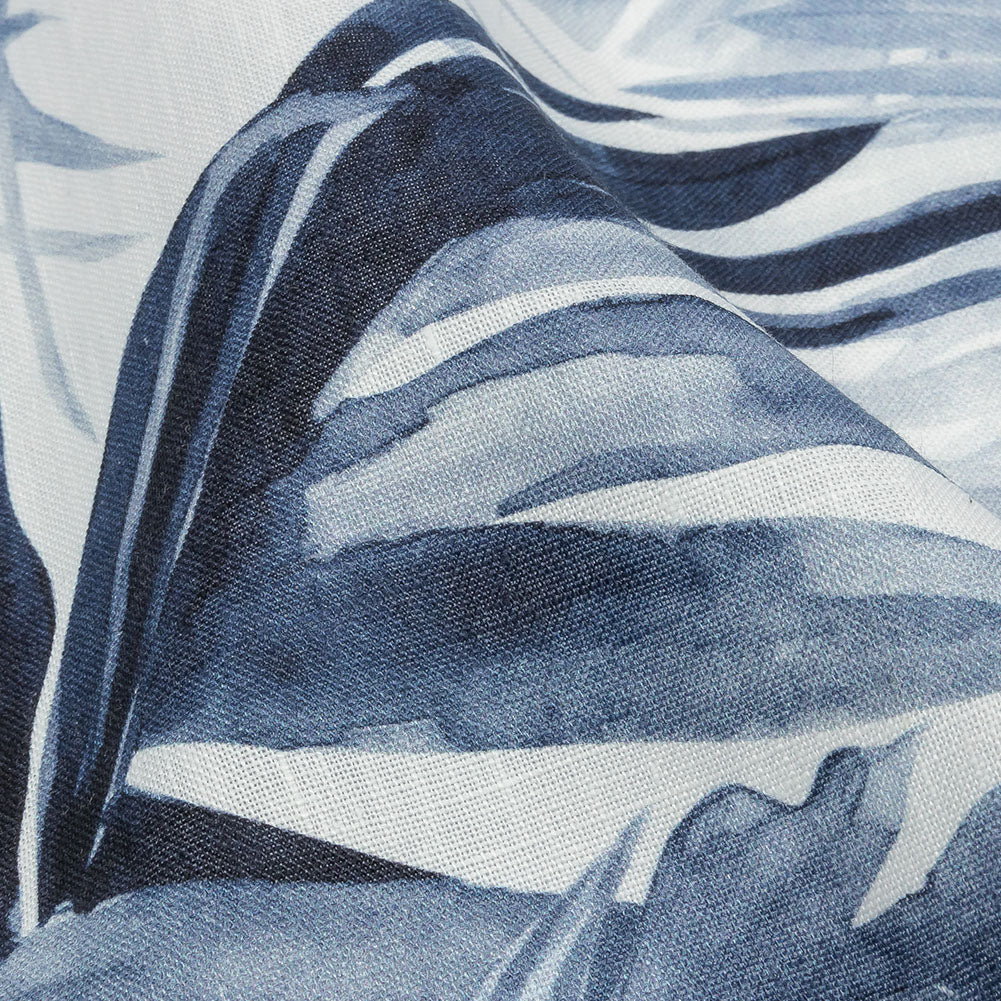 Blue Palm Fronds Medium Weight Linen Woven - Detail