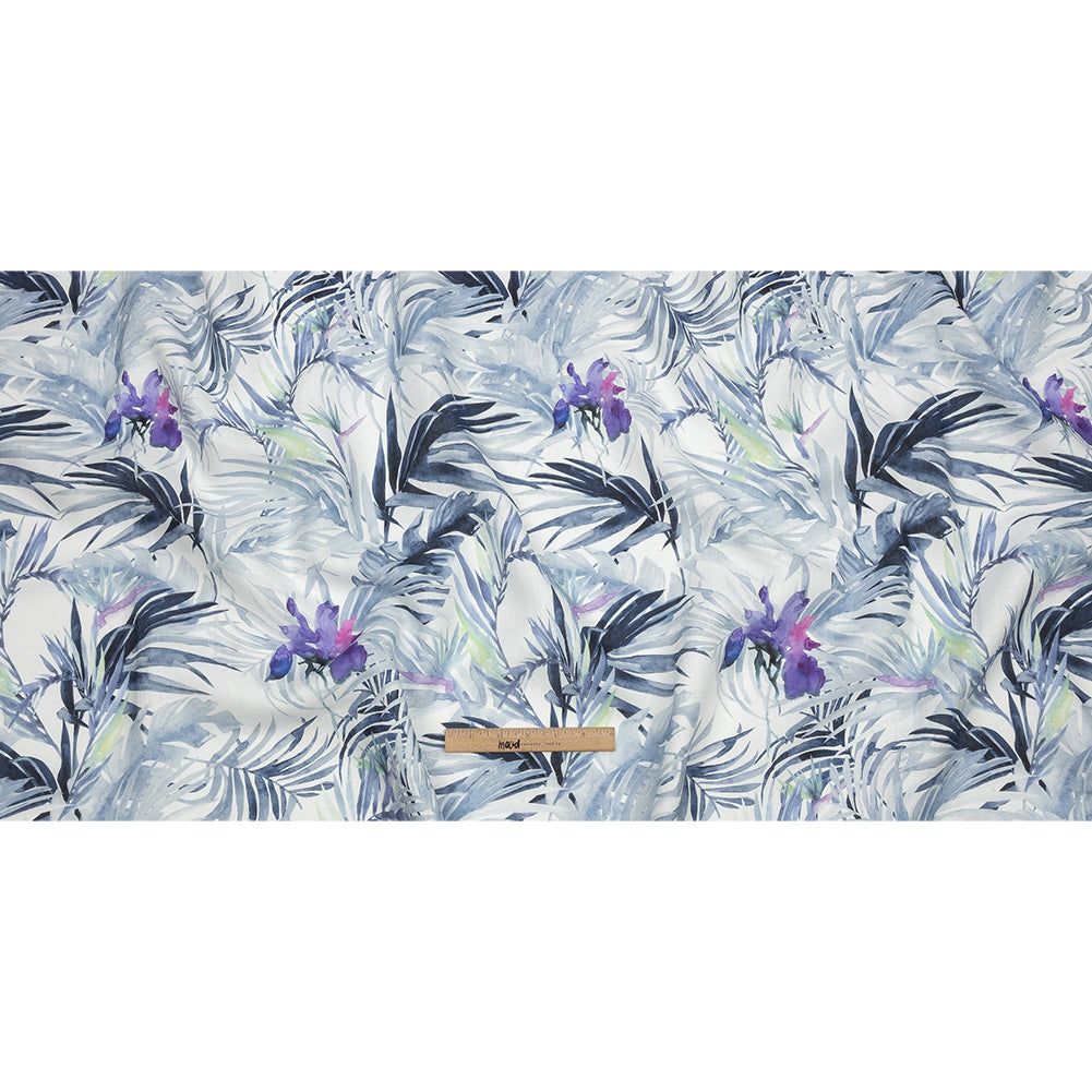 Blue Palm Fronds Medium Weight Linen Woven - Full