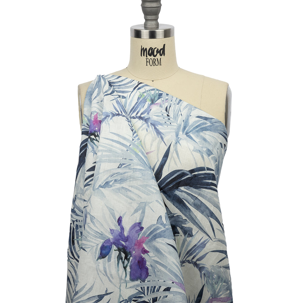 Blue Palm Fronds Medium Weight Linen Woven - Drape