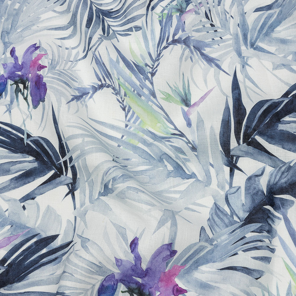 Blue Palm Fronds Medium Weight Linen Woven