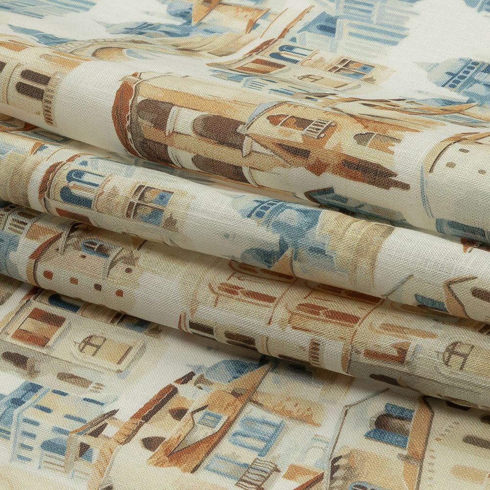 Beige and Blue City Standards Medium Weight Linen Woven - Folded