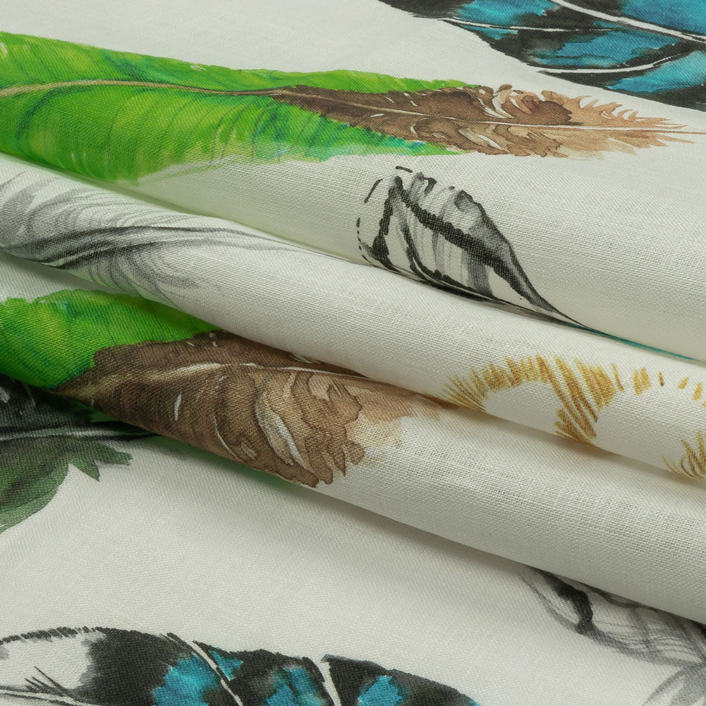 Blue, Green and Black Scattered Feathers Medium Weight Linen Woven - Folded