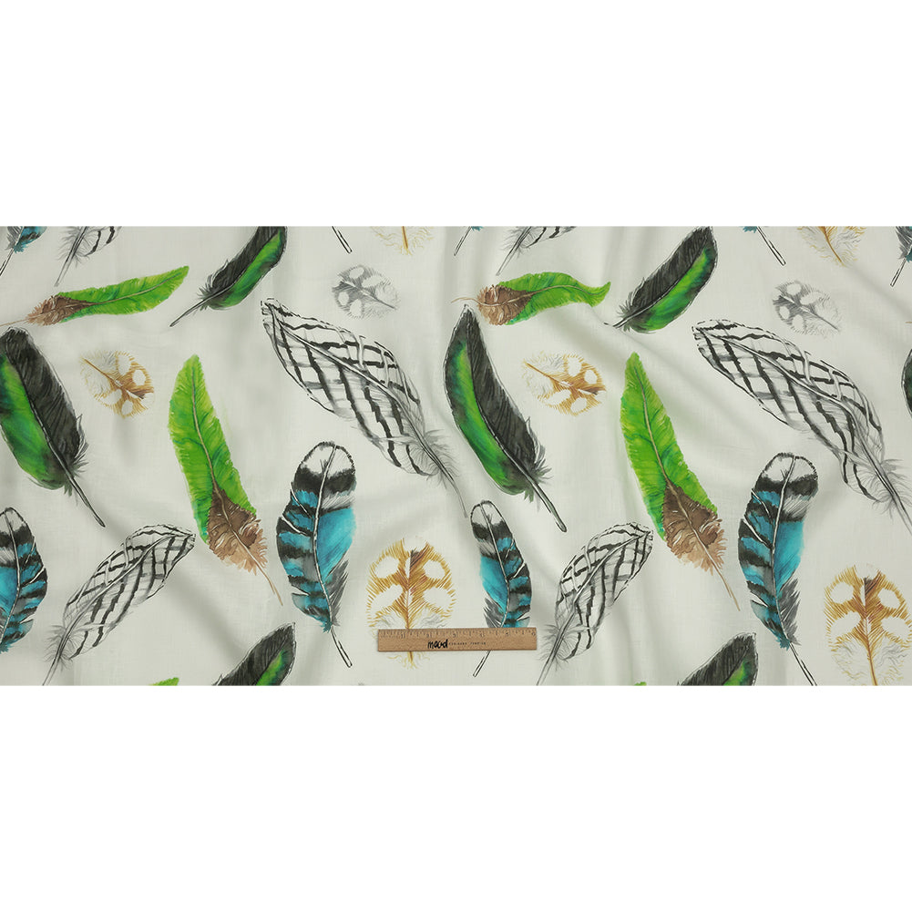 Blue, Green and Black Scattered Feathers Medium Weight Linen Woven - Full