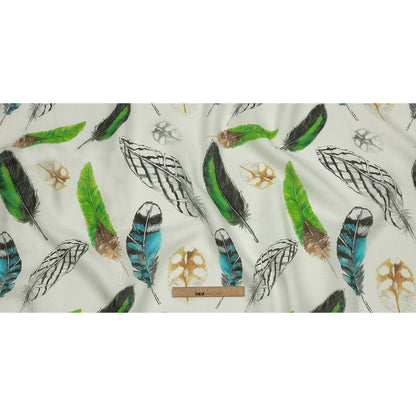 Blue, Green and Black Scattered Feathers Medium Weight Linen Woven
