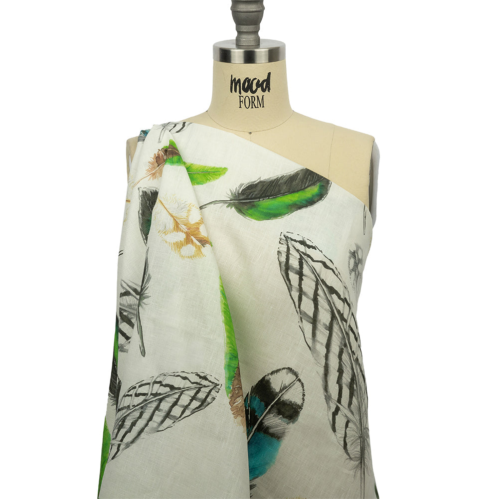 Blue, Green and Black Scattered Feathers Medium Weight Linen Woven - Drape