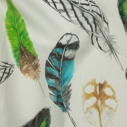 Blue, Green and Black Scattered Feathers Medium Weight Linen Woven