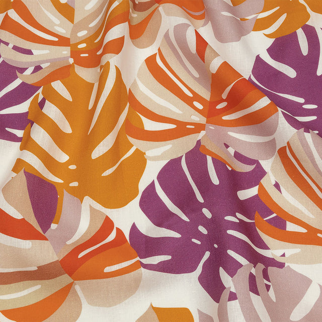 Orange and Purple Palm Leaf Pop Medium Weight Linen Woven