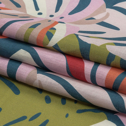 Blush, Lime and Indigo Palm Leaf Pop Medium Weight Linen Woven