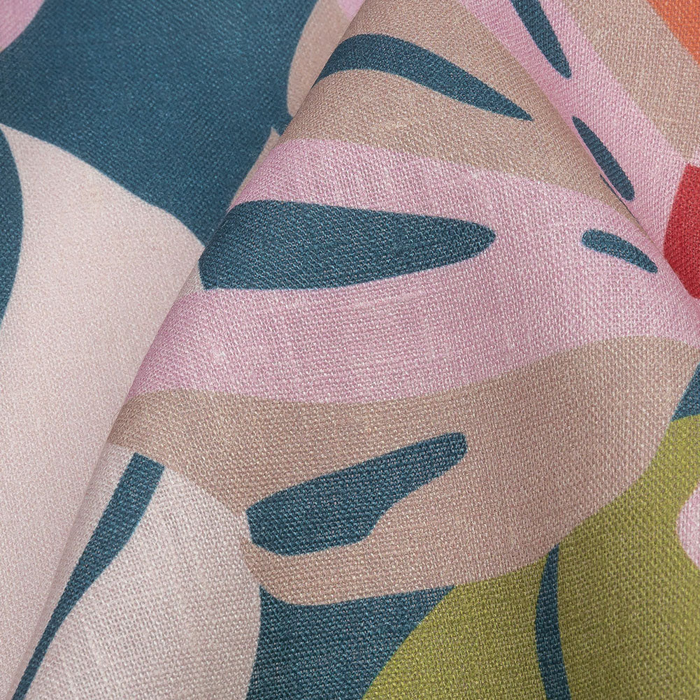 Blush, Lime and Indigo Palm Leaf Pop Medium Weight Linen Woven - Detail